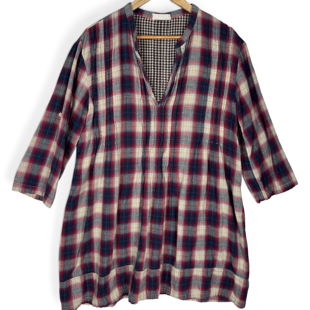 CP Shades Plaid Tunic Top Womens Size Large Cotton Pintuck Lagenlook USA Made
